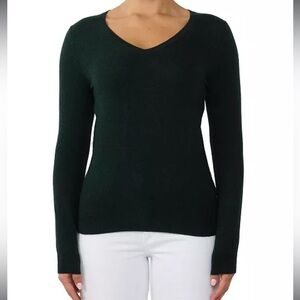 Jennie Liu 100% Pure Cashmere Long Sleeve Pullover VNeck Sweater in Pine, Size M